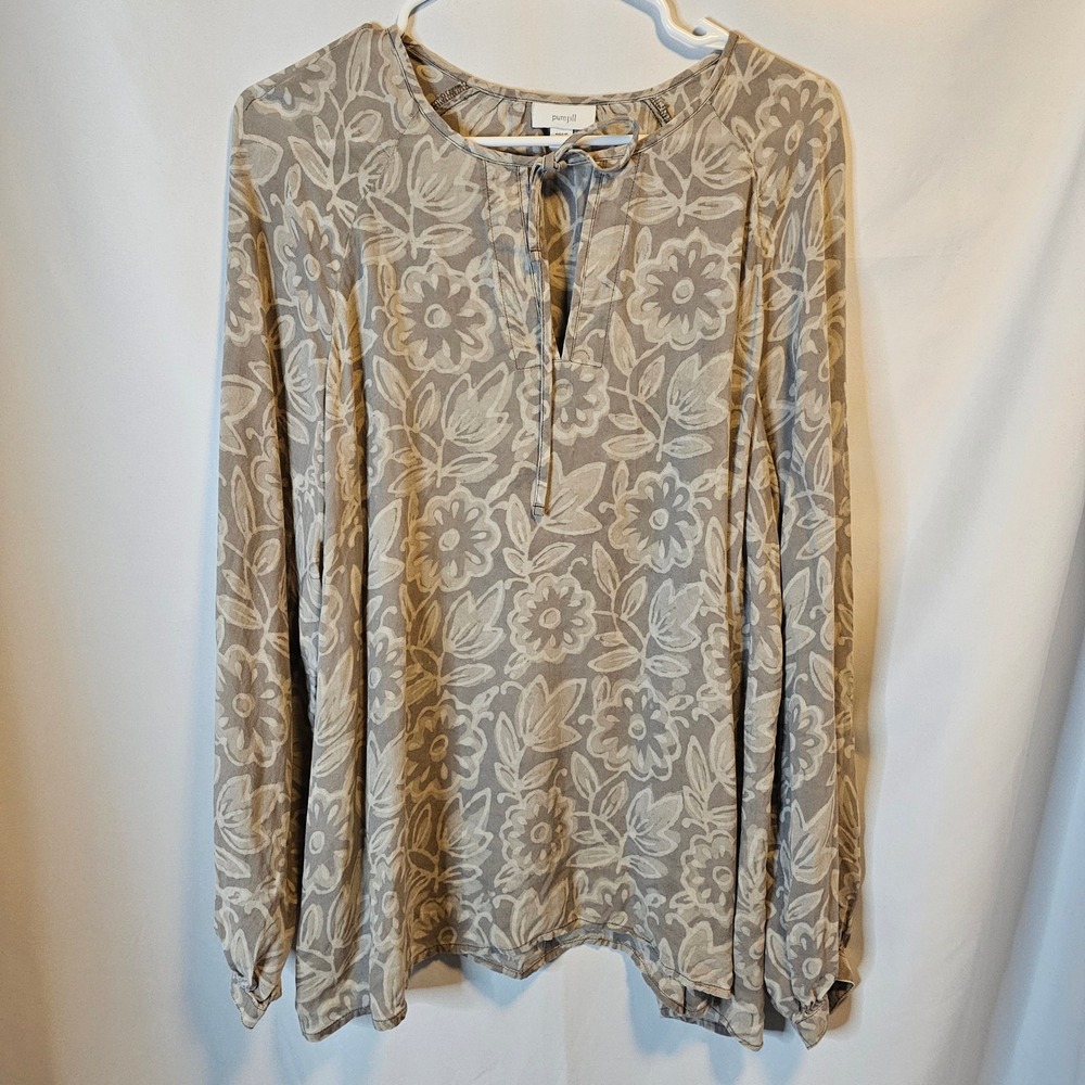 Pure Jill Floral Modal Blouse‎ Large Gray Cream Boho Coastal Grandma Spring